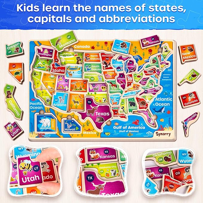 SYNARRY Large USA Wooden Puzzles for Kids Ages 3-5, Learning United States Map Puzles for Kids Ages 4-6, Wood Jigsaw Puzzles Educational Games Toys Gifts for Boys Girls Ages 3-8
