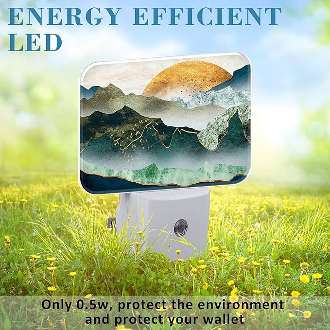 Green Mountains Plug in Night Lights, Golden Sunset Nightlight Plug Into Wall Dusk to Dawn Sensor for Kid Girls Boys Women Men Bedroom, Hallway, Kitchen, Bathroom, Stairs Decor