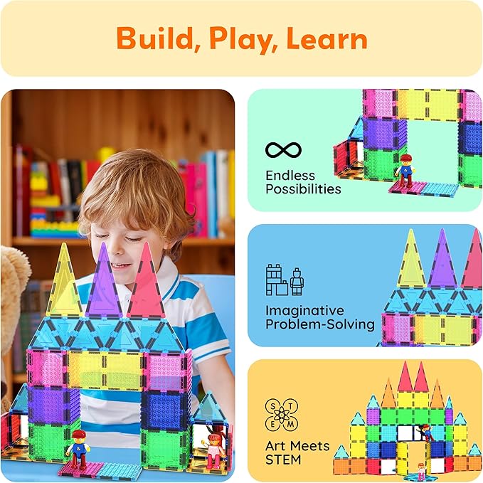 PicassoTiles 63pc Magnetic Tile Building Block Set with 2 Character Figures STEM 3D Construction Educational Toy for Kid Toddlers Boys Girls Age 3 Plus Montessori Learning Playset Creativity Kit PTL63