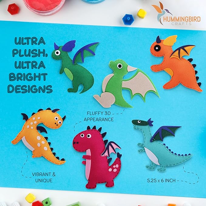 Hummingbird Crafts Sewing Kit for Kids Ages 8-12, Dragons DIY Craft Kits, Christmas Gift, Fun and Educational Sewing Kits for Kids, Sew Your Own Felt Animals
