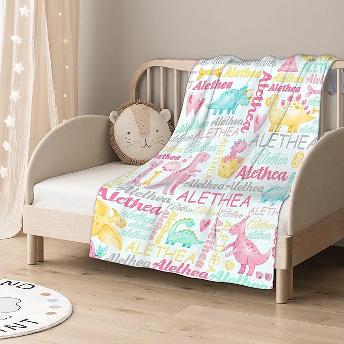 Personalized Baby Blanket for Girls Boys Dinosaur Custom Baby Blanket with Name Swaddle Blanket for Toddlers Infants Kids Shower Newborns Nursery Stroller Crib Decor Throw Birthday Gift