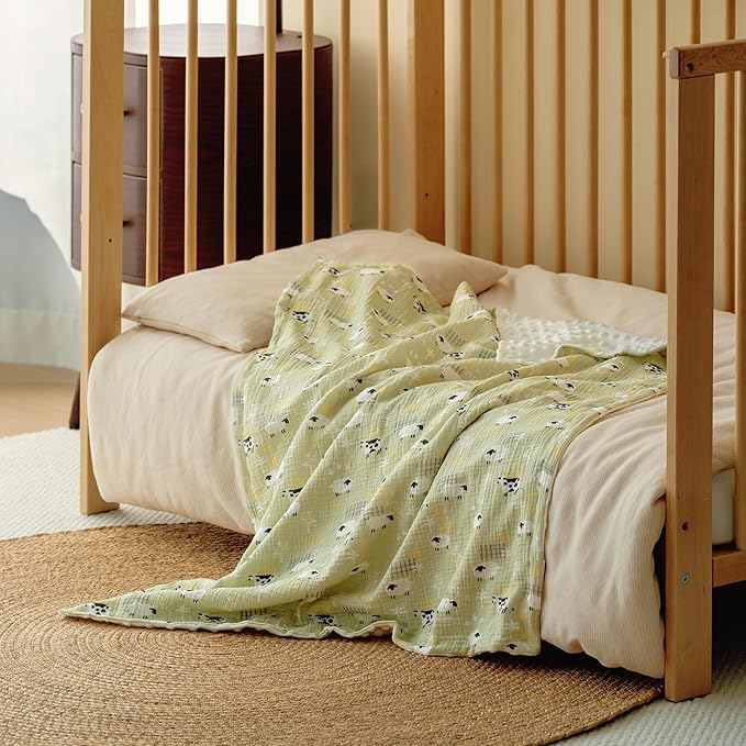 GLLQUEN BABY Blankets for Unisex Newborn Super Soft Nursery Minky Blankets with Muslin Cotton Front and Dotted Fleece Backing, Happy Little Sheep, 30 x 40 inches