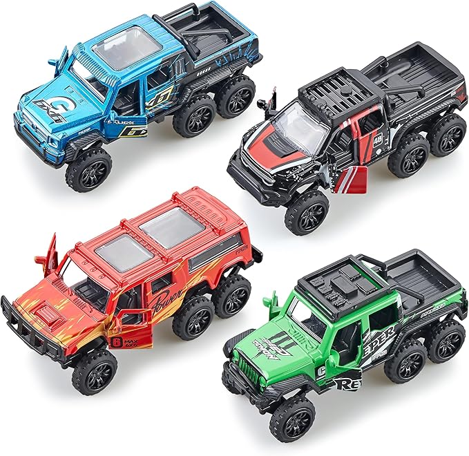 KIDAMI Diecast Toy Trucks 4 Pack Die Cast Metal Toy Cars Pull Back Cars Openable Doors Off-Road Vehicles Birthday Gift for Boys and Toddlers (Colorful)