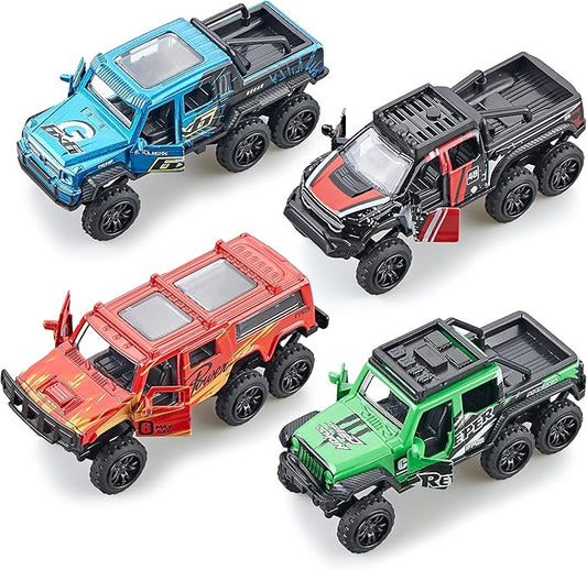 KIDAMI Diecast Toy Trucks 4 Pack Die Cast Metal Toy Cars Pull Back Cars Openable Doors Off-Road Vehicles Birthday Gift for Boys and Toddlers (Colorful)