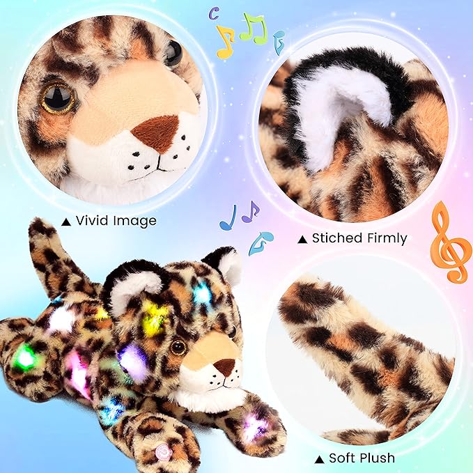 Hopearl LED Musical Stuffed Cheetah Lighting Up Singing Plush Leopard Toy Adjustable Volume Lullaby Animated Soothe Birthday Festival for Kids Toddlers Boys, 14''