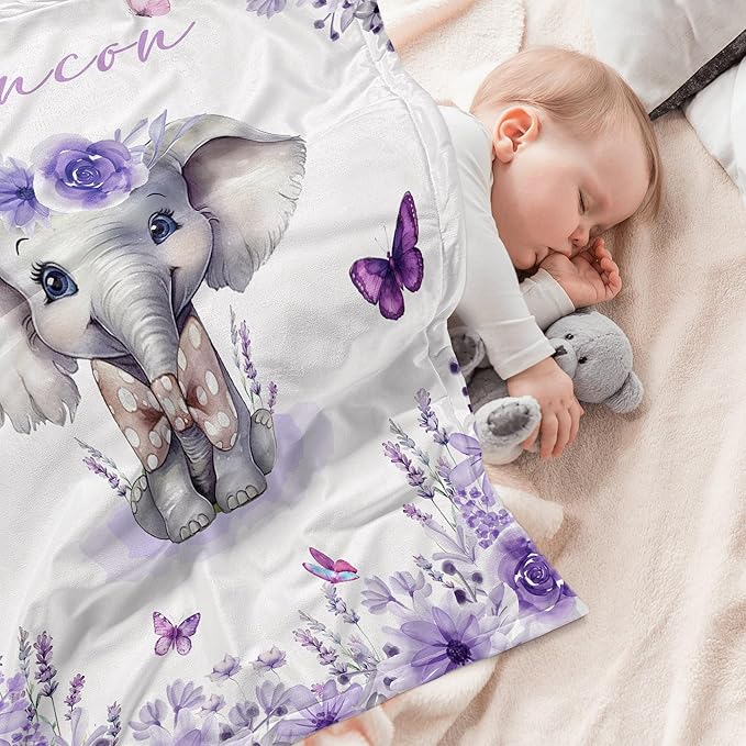 Custom Baby Blanket with Name Personalized Baby Name Blankets for Girls Customized Elephant Blanket for Baby Shower Birthday Christmas Newborn Gifts