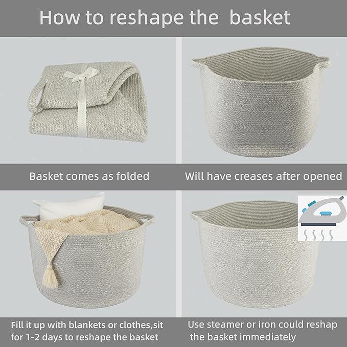 Large Cotton Rope Basket – 22"x14" Woven Storage Baskets for Blankets, Toys, Laundry, and Nursery – Round Basket for Living Room, Kids, and Pets Grey