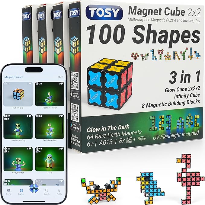 TOSY Magnet Cube 2x2 - 8 Blocks, 2in1 Toy: 2x2x2 Puzzle Cube and Customizable Infinity Cube, Glowing w/ UV Flashlight, Christmas Stocking Stuffers Gift for Kids/Grandkids, STEM Toy, 4-Pack