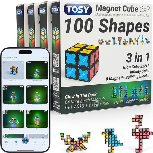 TOSY Magnet Cube 2x2 - 8 Blocks, 2in1 Toy: 2x2x2 Puzzle Cube and Customizable Infinity Cube, Glowing w/ UV Flashlight, Christmas Stocking Stuffers Gift for Kids/Grandkids, STEM Toy, 4-Pack
