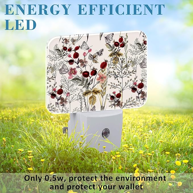 Vintage Flowers Plants Night Light, Butterfly Nightlight Plug into Wall with Dusk to Dawn Sensor for Kid Girls Boys Women Men Bedroom, Hallway, Kitchen, Bathroom, Stairs Decor