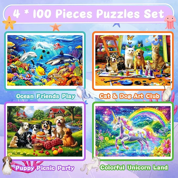 100 Piece Puzzles for Kids Ages 4-6, 4 in 1 Jigsaw Puzzles for Kids Ages 6-8, Sea World Cats Dogs Unicorn Learning Educational Children Puzzles 5-8 for Boys and Girls
