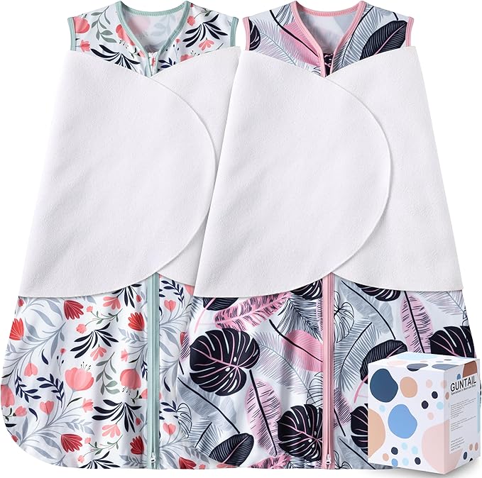 Newborn Sleep Sack Baby Swaddle,3-Way Adjustable Wearable Blanket,100% Rayon Cotton Swaddling sleeping bag. (Banana&Flower, 0-3 Months)