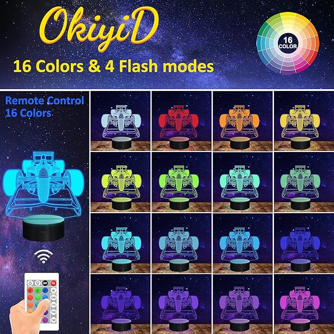 F1 Gifts for Boys Men, Formula 1 Racing Car 3D Illusion lamp Roadster Night Light for Kids Boys Bedroom Decor,16 Colors Changing Lighting Lamp with Remote Control