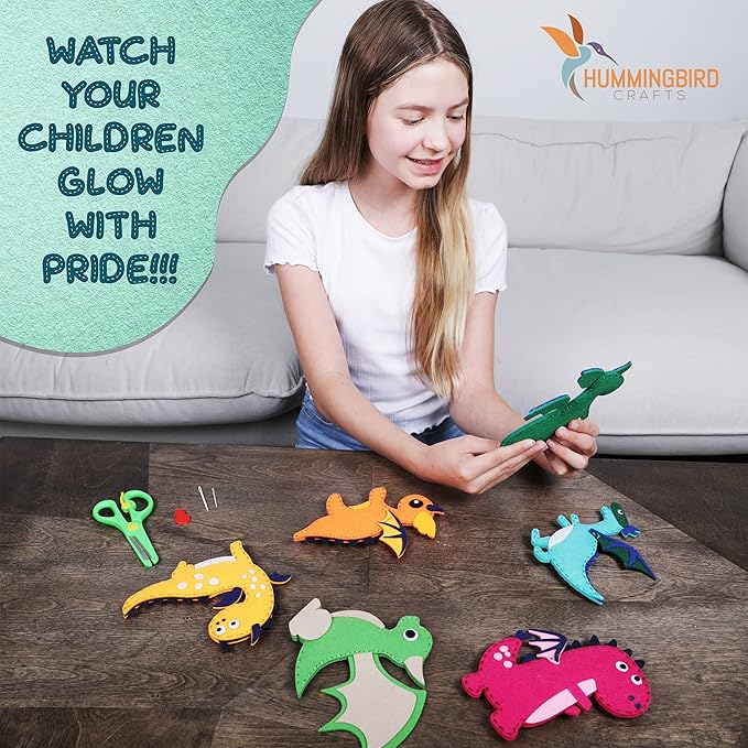 Hummingbird Crafts Sewing Kit for Kids Ages 8-12, Dragons DIY Craft Kits, Christmas Gift, Fun and Educational Sewing Kits for Kids, Sew Your Own Felt Animals