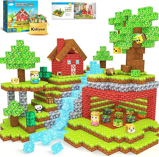 Magnetic Blocks, Build Mine Magnet World Forest Farm Edition, Magnetic Building Blocks for Kids Ages 4-6 6-8 8-12, Sensory STEM Toys for Boys & Girls