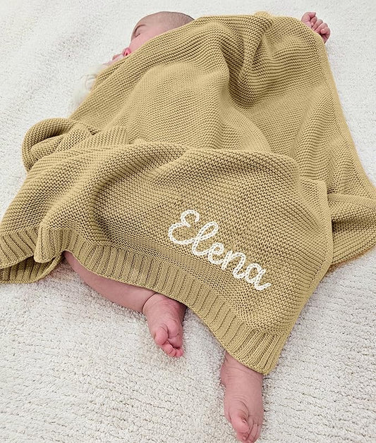 NAZENTI Personalized Hand Embroidered Baby Knit Blanket, Custom Baby Name, Newborn Baby Gifts, Cotton Knit Stroller Blanket, Custom Gifts for Birthday Baby Boys Baby Girls #07