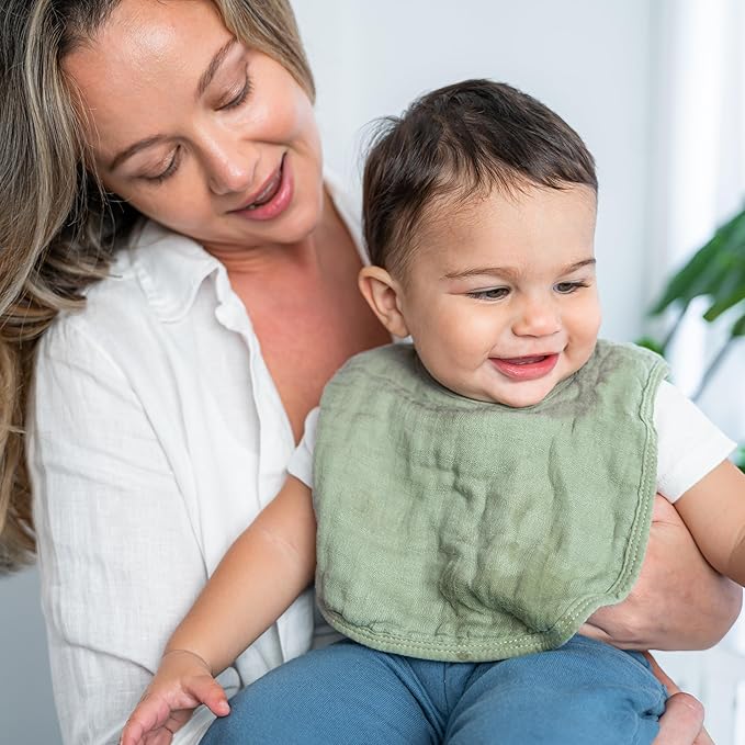 Comfy Cubs Muslin Bibs for Babies, Pack of 4 - Soft and Highly Absorbent, Feeding, Drool and Teething Bib, Adjustable Snaps - Stylish & Colorful Unisex Designs, Giftable Set - Sage