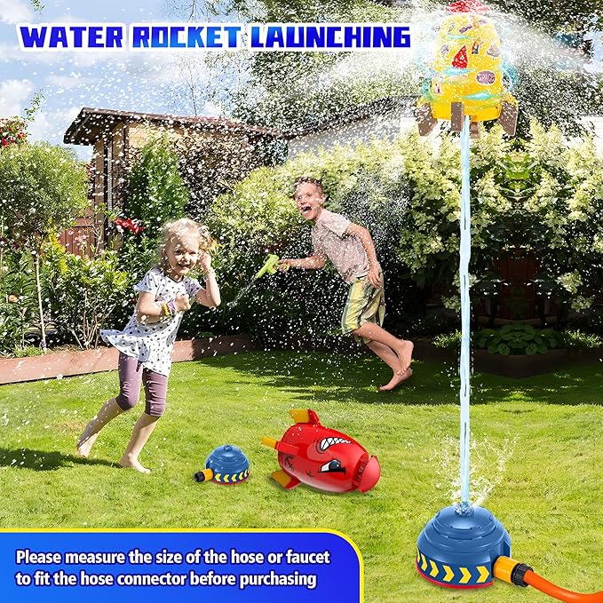 Water Rocket Sprinkler for Kids, Outdoor Sprinkler Rocket Launcher Toy for Backyard, Summer Water Toys for Kids Ages 3-12, Fun Water Powered Rocket Toy (Yellow-2)