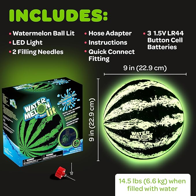 Watermelon Ball Lit - Glow in The Dark Pool Toy for Kids Ages 8-12, Teens, Adults - 9 Inch Swimming Pool Game for Family Fun
