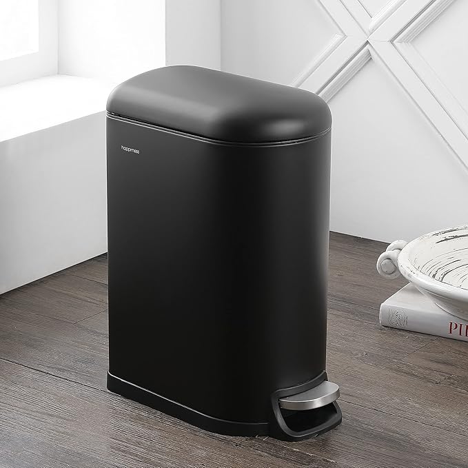 happimess HPM1010B Roland 10.6-Gallon Step-Open Trash Can with Soft-Close Lid, Modern, Minimalistic, Fingerprint Proof for Home, Kitchen, Laundry Room, Office, Bedroom, Bathroom, Black
