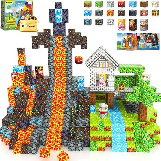 100PCS Magnetic Blocks -Build Mine Magnet World Forest & Lava Set, Magnet Building Toys for Kids Ages 5-7, STEM Sensory Toddler Toys for 3+ Year Old Boys & Girls, Creativity Birthday Gifts for Child
