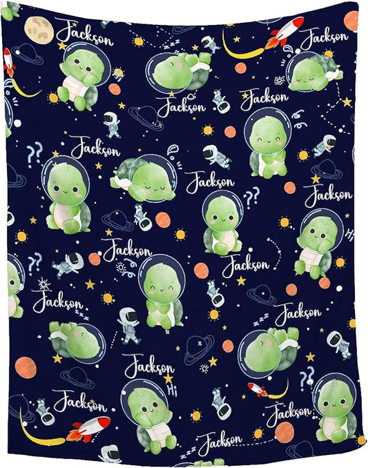 Personalized Custom Baby Blanket with Name - Astronaut Turtle Swaddle Blanket for Toddlers, Infants, Kids, Newborns - Nursery Stroller Crib Decor Throw - Birthday Gift