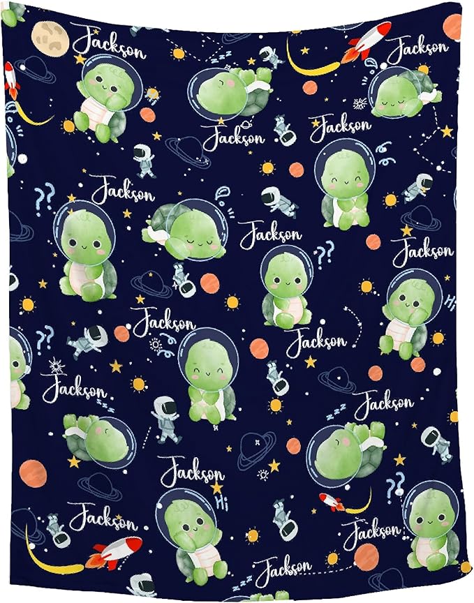 Personalized Custom Baby Blanket with Name - Astronaut Turtle Swaddle Blanket for Toddlers Infants Kids Shower Newborns Nursery Stroller Crib Decor Throw Birthday Gift