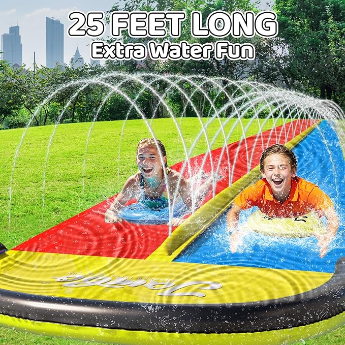 JAMBO 25ft Double Lane Slip Splash and Slide with 2 Bodyboards with Built in Sprinkler for Backyard Outdoor Water Fun for Kids