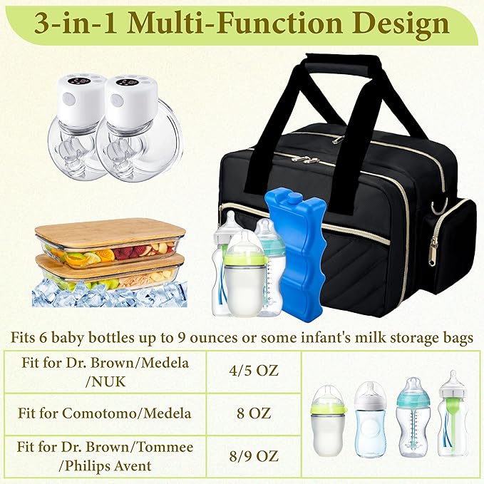 Breastmilk Cooler Bag Fits 6 Baby Bottles up to 9 Ounce with Ice Pack, Wearable Breast Pump Storage Bag Plus , Insulated Bottle Travel Bag Compatible with Momcozy/Elvie/Willow, with Shoulder Strap