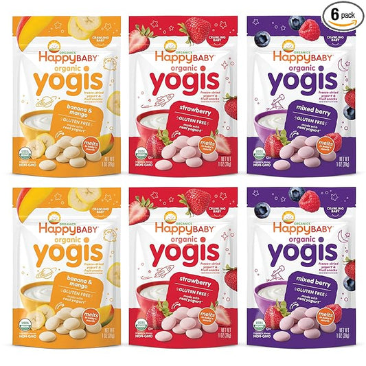 Happy Baby Organics Yogis Freeze-Dried Yogurt & Fruit Snacks, Variety Pack, 1 Ounce (Pack of 6)