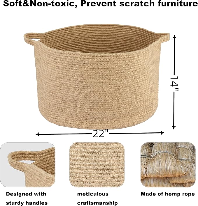 Large Jute Rope Storage Basket Blankets Basket Living Room 22"x12" Toy Baskets for Kids and Dogs Woven Laundry Baskets for Clothes Towels Baby Toy Storage