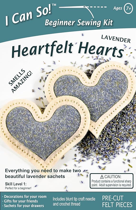I Can So! Beginner Sewing Kit. Heartfelt Hearts. Lavender Sachet. (Lavender)