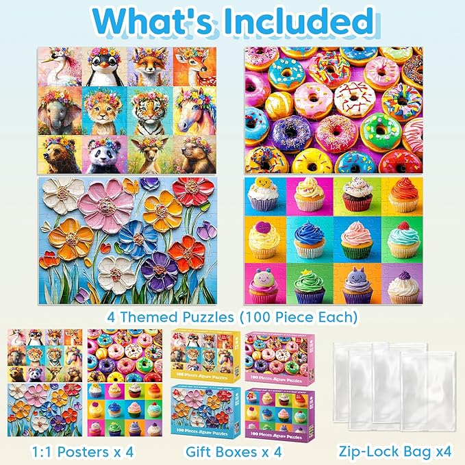 100 Piece Puzzles for Kids Ages 4-8 - Animals Flower Cupcakes Donuts Puzzle for Kids Ages 8-10 Large Puzzles for Senior Jigsaw Puzzles for Kid Ages 6-8 Year Old Educational Puzzle Toys 4-Pack