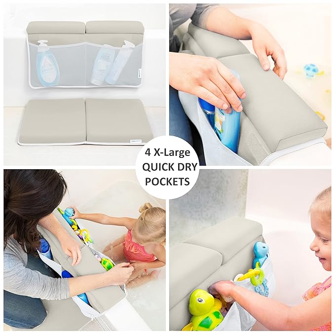 Bath Kneeler with Elbow Rest Pad Set, 1.75 inch Thick Kneeling Pad and Elbow Support for Knee Arm Support, Large Bathtub Kneeling Mat with Toy Organizer for Happy Baby Bathing Time, Beige
