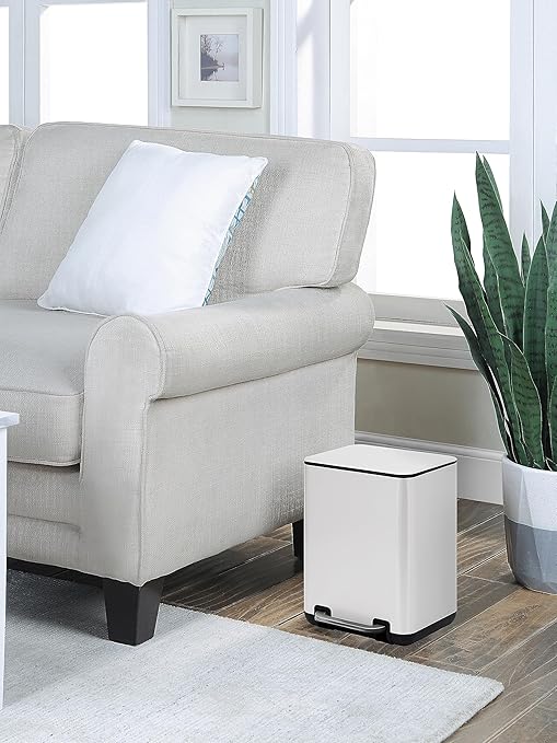 SunnyPoint 6 Liter(1.58 Gallon) Small Trash Can with Plastic Inner Buckets; Rectangle Bathroom, Office, Kitchen, and Bedroom Step On and Slow Close (WHT)