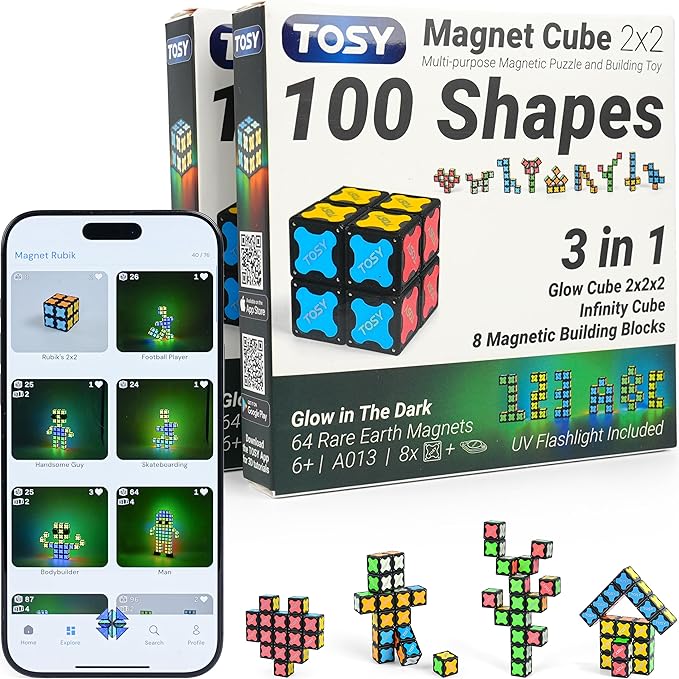 TOSY Magnet Cube 2x2 - 8 Blocks, 2in1 Toy: 2x2x2 Puzzle Cube and Customizable Infinity Cube, Glowing w/ UV Flashlight, Christmas Stocking Stuffers Gift for Kids/Grandkids, STEM Toy, 2-Pack