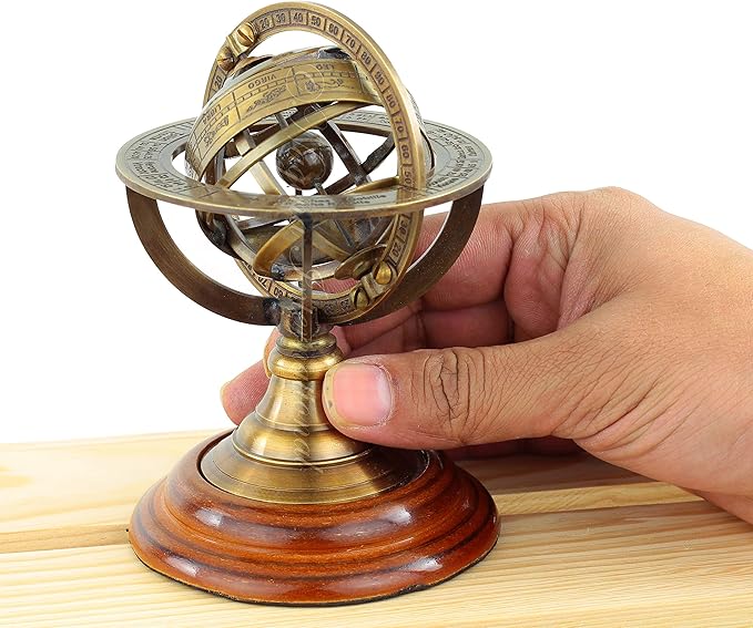 Nagina International Vintage Zodiac Armillary Brass Sphere Globe Wooden Display | Pirate's Antique Ship Decor (Small, Brass)