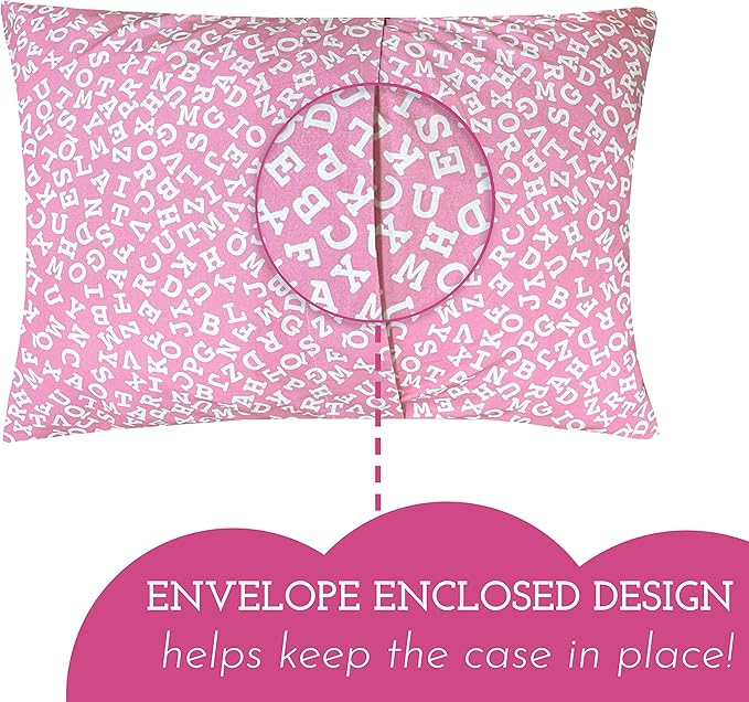 Little Sleepy Head Toddler Pillow with Pillowcase 13x18 - Kids Pillow for Sleeping - Better Neck Support Ergonomic Pillow and Toddler Pillowcase - Best Pillows for Kids (Alphabet Pink)