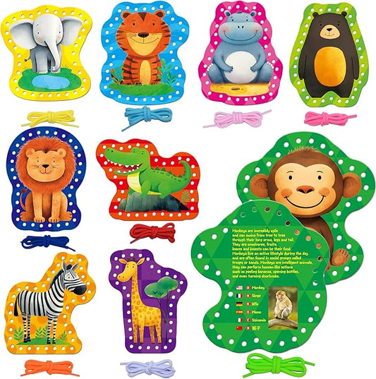 9 PCS Kids Lacing Cards, 9 Double Sided Wild Animals Sewing Cards with 9 Colorful Laces, Educational & Learning Toys for Preschoolers, Kids Ages 3+