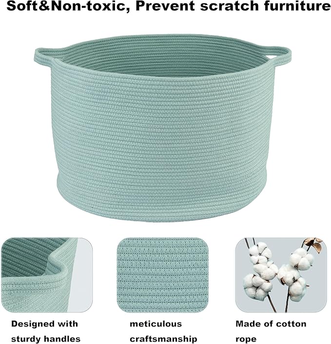 Large Cotton Rope Basket – 22"x14" Woven Storage Basket for Blankets, Toys, Laundry, and Nursery – Round Baskets for Living Room, Kids, and Pets Light Green