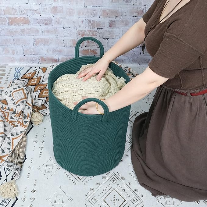 Cotton Rope Laundry Basket Hamper for Clothes Woven Storage Basket for Living Room Bedroom Boho Tall Rope Baskets for Blanket Toys Pillow Towels Baby Nursery Hamper Bin Large dark green
