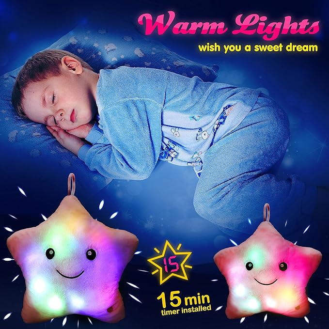 WEWILL 13'' Creative Twinkle Star Glowing LED Night Light Plush Pillows Stuffed Animals Toys Birthday Christmas Holiday Valentines Gifts for Toddlers Girls(Pink)
