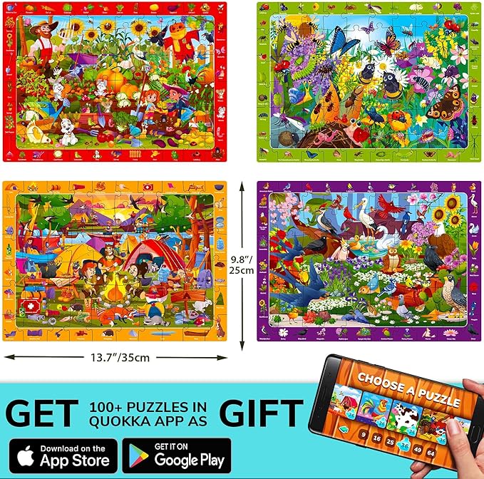 QUOKKA Puzzles for Kids Ages 6-8 - Toddler Puzzles Ages 4-6 - 4-Pack 60 Piece Search and Find Animals and Bugs Jigsaw Puzzle 5-8 - Learning Toys for 3 Year Old Boys and Girls - Educational Games Gift