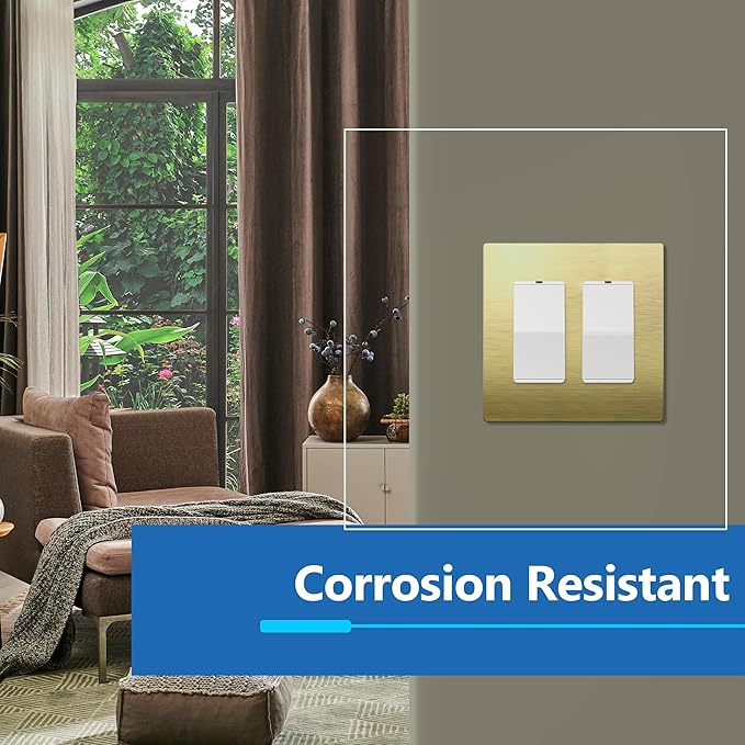 LIDER Double Decorator Metal Wall Plate, Temperature and Impact Resistant, 201 Stainless Steel, Screwless Cover, Modern Upgrade, Mid-Size 2-Gang 4.88” x 4.92”, Brushed Brass, LSMWP-32M-BB