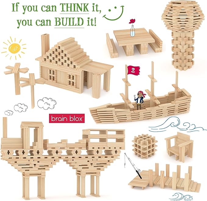 Natural Wooden Blocks for Kids Ages 4-8 - Montessori Blocks for Hands-on Learning - STEM and Architecture for Kids (300 Building Blocks)