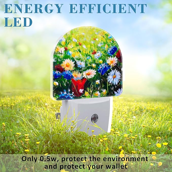 Field Flowers Oil Painting Night Light Plug into Wall with Dusk to Dawn Sensor Cute Nightlight for Kid Girls Boys Women Men Room Decor, Hallway, Kitchen, Bathroom, Nursery, Stairs