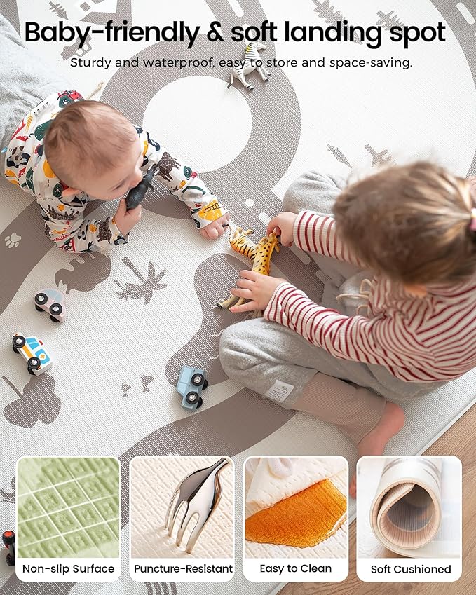 Tiny Land Baby Play Mat - Extra Large 78"x55" Waterproof Crawling Playmat for Infants & Toddlers, Reversible Non-Slip Foam Floor Mat, Soft Thick Foldable (Modern Zoo Oasis)