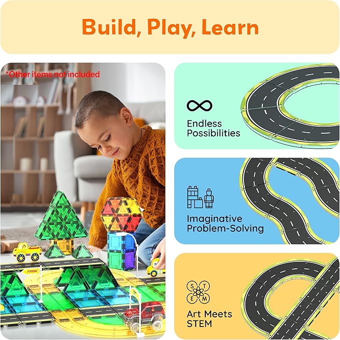 PicassoTiles Magnetic Building Tiles Car Track Magnet Vehicle Adventure Theme Printed Street Road Runway Speedway Highway Block Construction Expansion Add-on Education Learning Toys for Kids 3+ PTE16