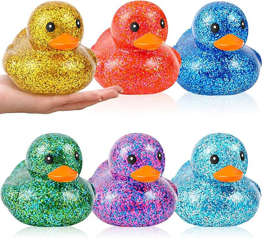 Deekin 6 Pcs 3.54 Inch Glitter Rubber Duck Assortment Toy Duckies Bulk Squeak Rubber Duckies for Kid Baby Bath Shower Pool Classroom Summer Beach Activity