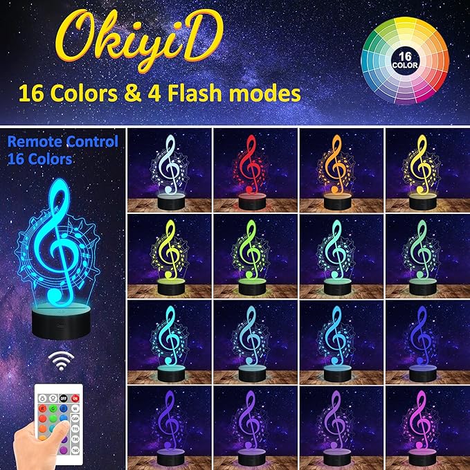 Music Note Gifts for Girls, 3D Illusion Lamp, 3D Music Night Light with 16 Colors Remote and Touch Control, Music Note Decor for Kids Room, Girls Birthday Gifts, FS-2810-9999